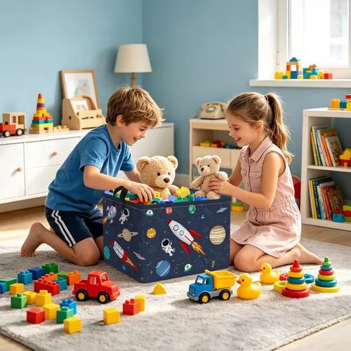 Vista 3 de Clastyle Rocket Astronauta - Cesta rectangular para niños, planeta cósmico, universo, azul, cubo de almacenamiento de juguetes, 36L