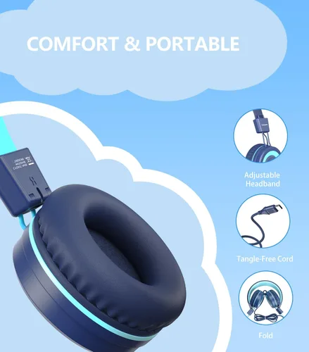 Vista 6 de Bywulanda Auriculares USB Tipo C Mejorados para Niños para la Escuela, Volumen Seguro Limitado de 94dB, Sonido Estéreo HD, Auriculares Plegables