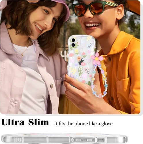 Vista 2 de Newseego Funda para iPhone 11, bonita funda transparente de flores coloridas y rizadas, con una bonita cadena de pulsera de flores para mujeres