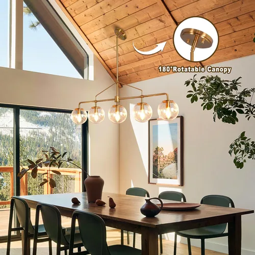 Vista 5 de Lámpara de araña lineal dorada moderna de 5 luces para comedor con globo de vidrio sembrado, lámpara colgante lineal de 39 pulgadas para casa