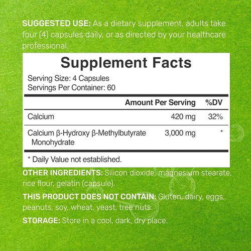 Vista 2 de Suplementos HMB ultra fuertes 3,000 mg por porción, 240 cápsulas Probado por terceros Apoya el crecimiento muscular, la retención y la masa