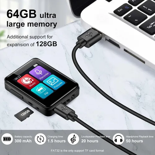 Vista 3 de Reproductor de música MP3, pantalla de 1.8 pulgadas, reproductor MP3 portátil HiFi ampliable hasta 512GB, con Bluetooth, radio FM, grabadora, foto