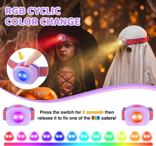 Vista 3 de EverBrite Linterna frontal LED recargable para niños con modo RGB y diadema ajustable, 3 modos multicolor para acampar, leer, explorar, Halloween
