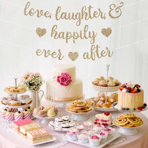 Vista 8 de Cartel preencordado con texto en inglés "Love Laughter & Happily Ever After", "No hazlo tú mismo" – Cartel dorado con purpurina para despedida