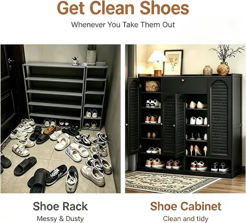 Vista 4 de Zapatero de bambú, 30-36 pares de 7 niveles con puertas, organizador de zapatos con estantes, organizador de zapatos de 41 pulgadas de alto
