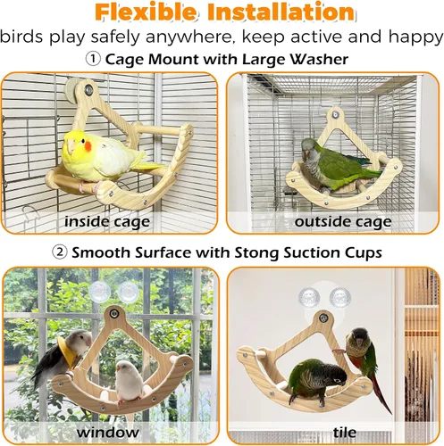 Vista 2 de Juguetes de columpio para pájaros con roca para ventana y jaula, percha para pájaros para montaje de succión en la pared, juguetes de madera