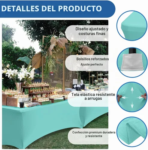 Vista 2 de Manteles de elastano para mesas rectangulares de 6 pies, cubierta de mesa elástica ajustada Azul aguamarina