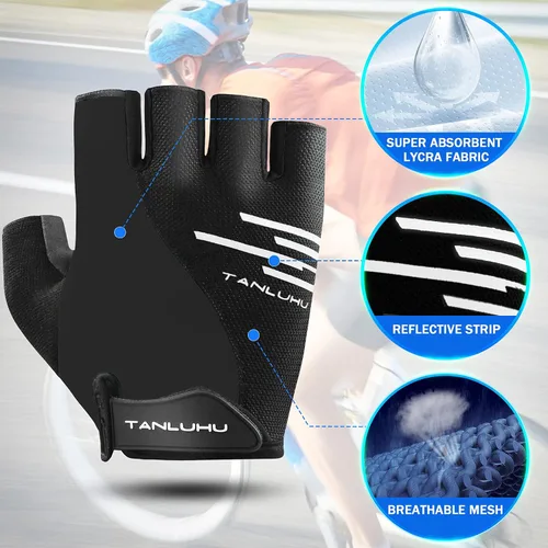 Vista 4 de Tanluhu Guantes de ciclismo SBR de 0.197in de grosor, guantes de ciclismo de medio dedo, guantes de bicicleta de montaña, guantes de bicicleta