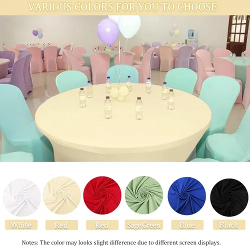 Vista 4 de Paquete de 8 Manteles Redondos de Spandex Beige de 5 Pies 60" Cubierta de Mesa Elástica Redonda Mantel de Mesa Redondo Lavable Resistente a Arrugas