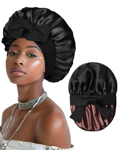 Vista 10 de Gorro de satén para mujeres, gorros de seda para dormir, gorro para cabello rizado con banda elástica con lazo, reversible de doble capa, gorro