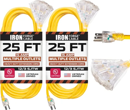 Vista 15 de Iron Forge Cable Cable de extensión resistente de calibre 12, 2 pies, color amarillo SJTW 12/3 Outdoor Cable, Lighted End, 3 Prong Grounded Plug