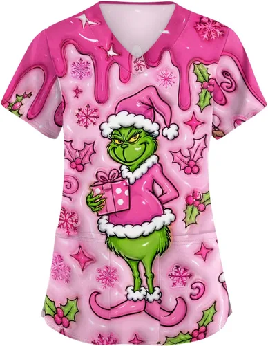 Vista 20 de Camisetas de uniforme médico de Navidad para mujer, talla grande, estampado ##896-Multicolor