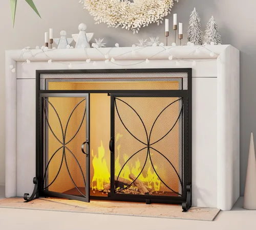 Vista 2 de Fire Beauty Pantalla de chimenea con puertas magnéticas, pantalla de metal grande para el hogar, protector de chispas, incendios de horno de metal