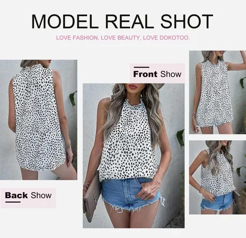 Vista 4 de Dokotoo Blusa informal para mujer, sin mangas, con cuello halter y estampado de leopardo