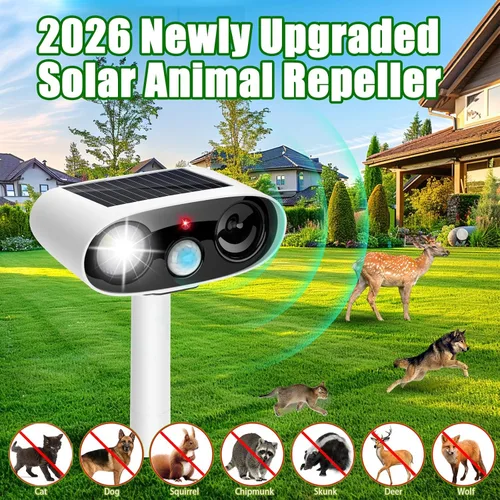 Vista 2 de Repelente solar ultrasónico de animales para exteriores, dispositivos repelentes de ciervos y gatos, paquete de 2 unidades, repelente ultrasónico