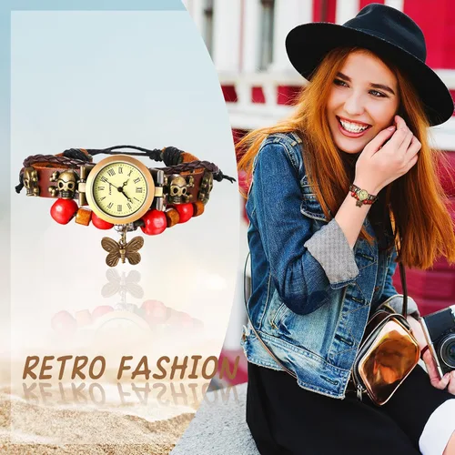Vista 5 de JewelryWe Reloj de pulsera de cuero de moda para mujer, estilo clásico, bohemio, cuarzo, pulsera