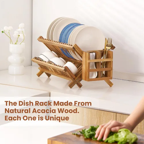 Vista 2 de NOVAYEAH Escurridor de platos de madera de acacia para encimera de cocina, 2 niveles, plegable, escurridor de platos de bambú con soporte