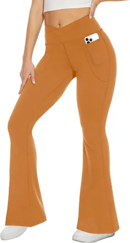 Vista 102 de TNNZEET Leggings acampanados negros para mujer, pantalones de yoga cruzados con bolsillos, corte de bota, leggings acampanados
