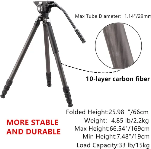 Vista 2 de Trípode de fibra de carbono con cabezal fluido, trípode de cámara de video resistente para carga de cámara DSLR de hasta 33 libras, adecuado