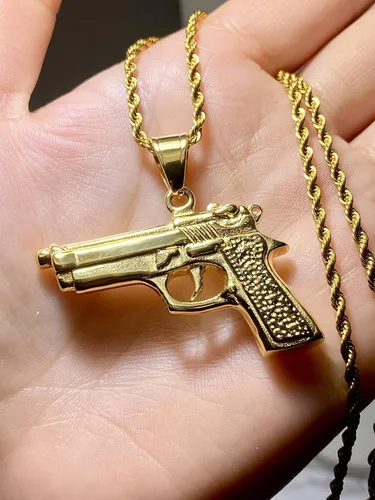 Vista 5 de Colgante de acero inoxidable de 0.098in con diseño de pistola y revólver de pistola para hombre y mujer, colgante de oro, collar de cuerda, colgante