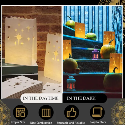 Vista 7 de Sabary Juego de 50 bolsas luminarias con velas de té sin llama, luminarias de Navidad, farol LED, bolsas para velas para cumpleaños, bodas