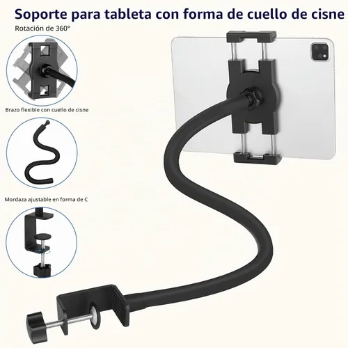 Vista 6 de Soporte para iPad de cuello de cisne, soporte de abrazadera para tableta, escritorio, mesa, cama, silla, atril, brazo ajustable de 360° para cocina