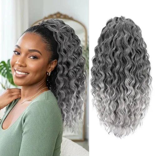 Vista 16 de FREEMEIGE Extensión de cola de caballo, cola de caballo rizada ondulada de 8 pulgadas para mujeres negras, corto, suave, natural, sintético, grueso