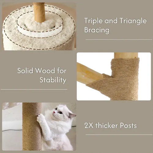 Vista 6 de Árbol para gatos moderno con hamaca de 48.5 pulgadas, torre para gatos con poste para rascar, con poste de madera real, gran cesta de ratán