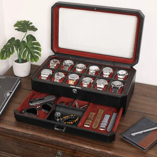 Vista 3 de Juego de regalo Caja de reloj de cuero con 12 ranuras con cajón de valet y funda de viaje a juego para 5 relojes, organizador de exhibición de lujo