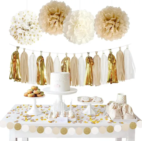 Vista 5 de Decoraciones de Fiesta de Cumpleaños Blancas y Doradas Mejoradas para Niñas, Mujeres y Hombres con Banda de Feliz Cumpleaños, Pancarta, Pompones