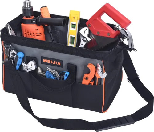 Vista 11 de MEIJIA Bolsa de herramientas portátil impermeable, boca ancha abierta, múltiples bolsillos interiores para almacenamiento de herramientas