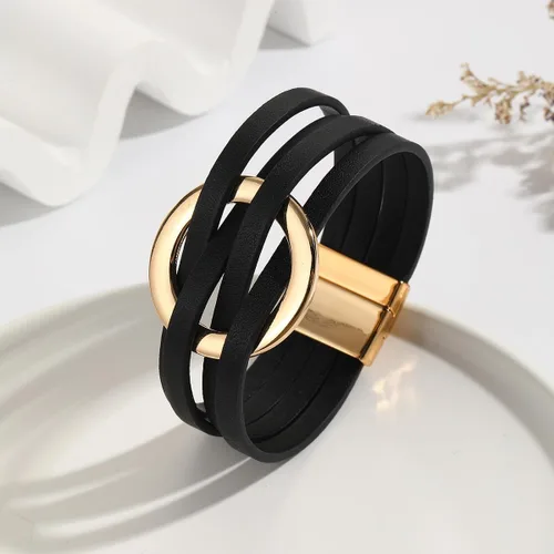Vista 2 de Caiyao Pulsera de cuero con dije de círculo para mujer, estilo bohemio, de varios hilos de cuero, pulseras para adolescentes y niñas, hechas a mano