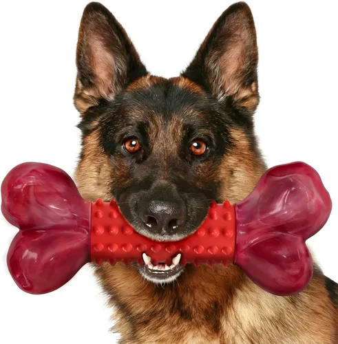 Vista 11 de Juguetes resistentes para perros masticadores agresivos de raza grande, hueso para masticar con sabor a tocino, juguete masticable de nailon y goma