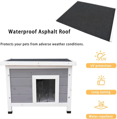 Vista 4 de Casa de madera maciza para gatos y perros, cabaña para mascotas al aire libre para conejos, gatitos y perros pequeños, cortina resistente al viento