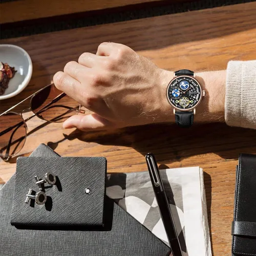 Vista 7 de IK COLOURING Tourbillon - Reloj de pulsera mecánico automático de esqueleto de lujo para hombre, con frase lunar, manecillas luminosas, reloj