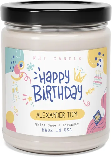 Vista 9 de NHI - Vela personalizada de feliz cumpleaños, vela con nombre personalizado, vela perfumada de cera de soja para el hogar, tarro transparente de 9