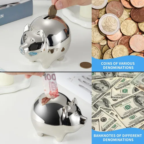 Vista 8 de Jozen Gift Caja de joyería musical de bailarina rosa mediana y hucha de metal para niños Banco de dinero para niños (plata) para niños