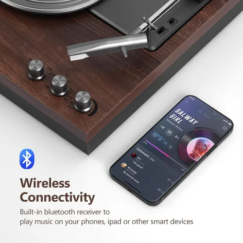 Vista 2 de Tocadiscos, tocadiscos de 3 velocidades con dos altavoces externos de 15 W, entrada Bluetooth, entrada auxiliar, reproducción USB y grabación