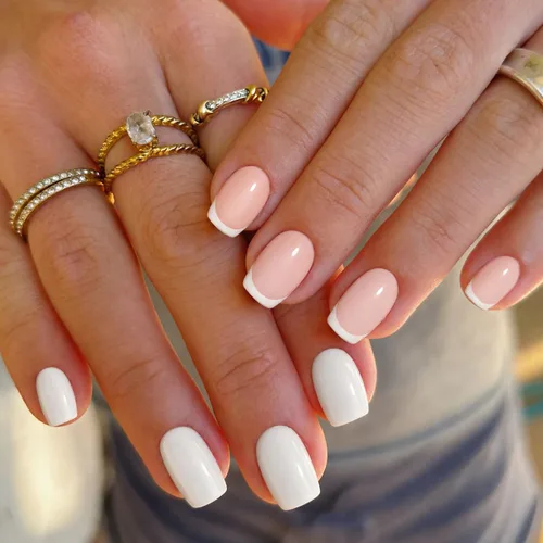 Vista 20 de modelones 64 uñas postizas de punta francesa a presión, uñas postizas cortas de almendra a presión con pegamento de uñas, pestañas adhesivas, lima