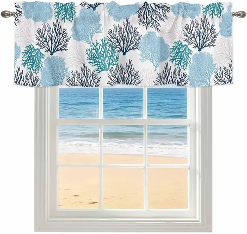 Vista 32 de Cenefa de amarre para ventanas, cortinas náuticas costeras de coral, cenefas con bolsillo para barra, cortinas de ventana con temática de playa