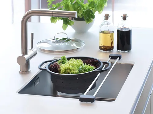 Vista 5 de Sanni Shoo drip.line Pure - Bandeja de goteo ajustable - Estante de cocina práctico y multifuncional para almacenar paños de cocina y cepillos