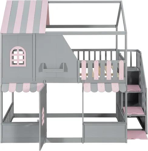 Vista 6 de Harper & Bright Designs Litera de casa completa con escalera de almacenamiento y estantes, marco de cama de madera con diseño de casa