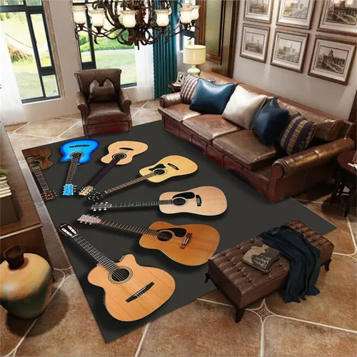 Vista 10 de Alfombra negra de guitarra vintage, 3 x 4 pies, alfombra negra para amantes de la música, antideslizante, reducción de ruido, lavable a máquina
