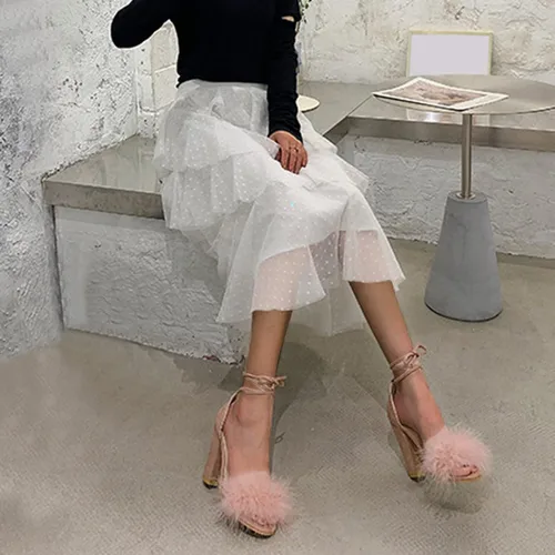 Vista 3 de ZiSUGP Sandalias de tacón alto con pompones y tacón ancho para mujer