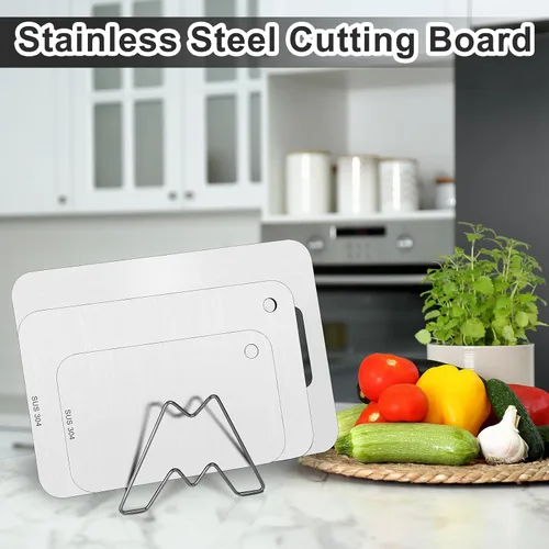 Vista 3 de 4 tablas de cortar de acero inoxidable con soporte, tablas de cortar de acero 304, aptas para lavavajillas, tabla de cortar de doble cara de grado