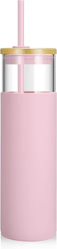 Vista 57 de Tronco Vaso de vidrio de 28 onzas con tapas y pajilla, taza reutilizable para café helado y vaso para batidos con tapa de bambú, funda de silicona