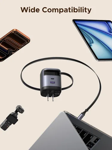 Vista 8 de UGREEN Nexode - Cargador retráctil USB C de 65 W GaN con cable integrado, adaptador de pared de carga rápida de 2 puertos para iPhone 17/16/15