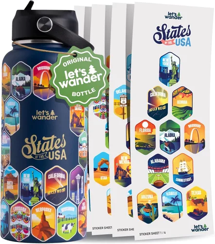 Vista 8 de LET'S WANDER Lets Wander 50 States - Botella de agua con calcomanías impermeables, acero inoxidable aislado a prueba de fugas de 32 onzas