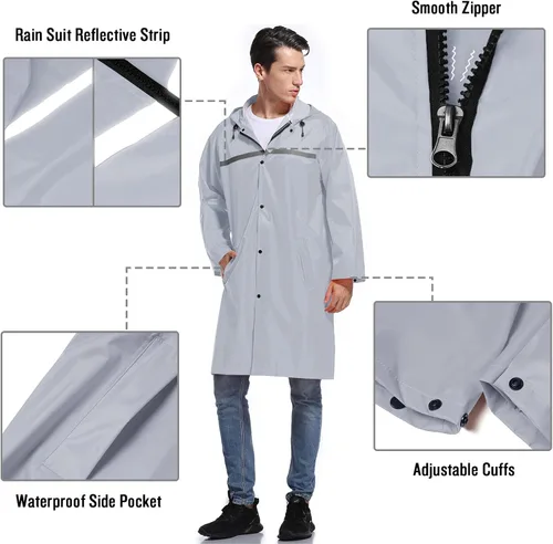 Vista 3 de Chaqueta de lluvia de seguridad larga con capucha para hombre, impermeable, poncho de emergencia