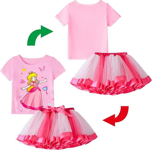 Vista 4 de SHELOVESIT Conjunto de disfraz de princesa melocotón para niñas, vestido de tutú de princesa de Super Bros para cosplay, fiesta de Halloween